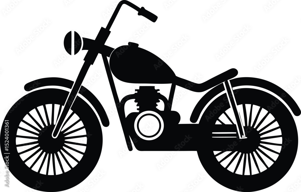 Fototapeta premium This silhouette features a motorcycle with rider rendered in solid black and centered on a pure white background offering a clean isolated and highly versatile subject ideal for stock illustration or 
