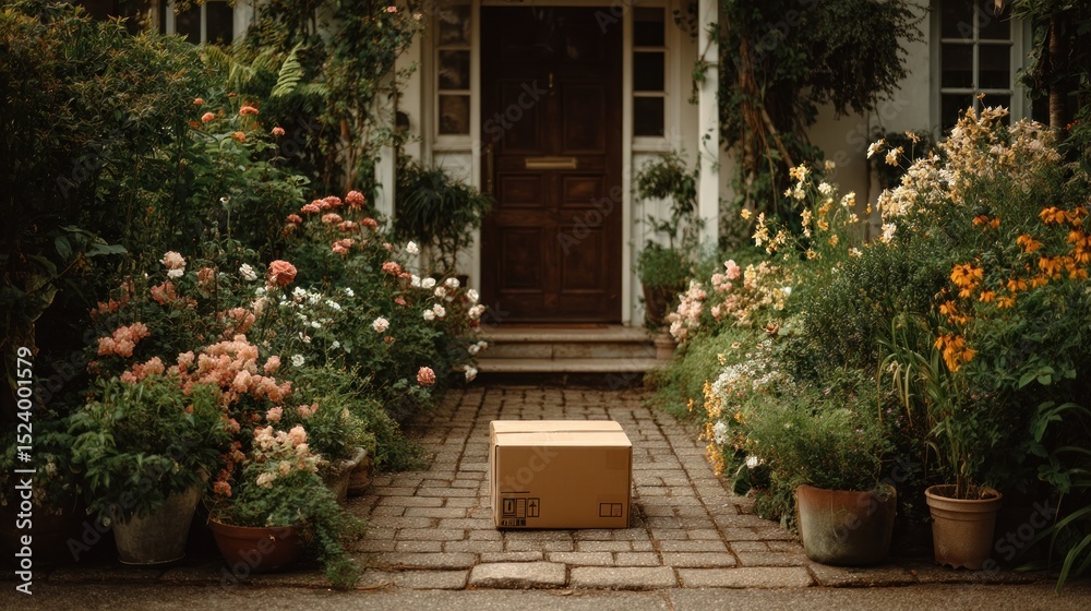 Fototapeta premium Delivery in a lush garden setting, awaiting recipient at doorstep