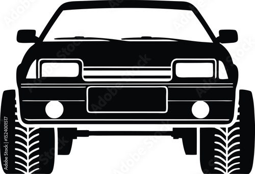 This silhouette features a car front view rendered in solid black and centered on a pure white background offering a clean isolated and highly versatile subject ideal for stock illustration or design 