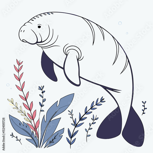 Manatee In Blue Seaweed Marine Life Drawing