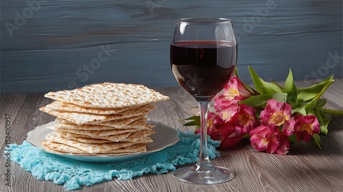 Traditional unleavened bread and wine arranged on a festive table, honoring Jewish heritage and faith.
 photo