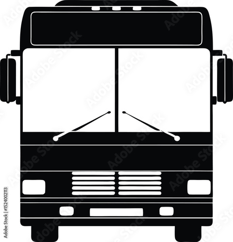 This silhouette features a bus front view rendered in solid black and centered on a pure white background offering a clean isolated and highly versatile subject ideal for stock illustration