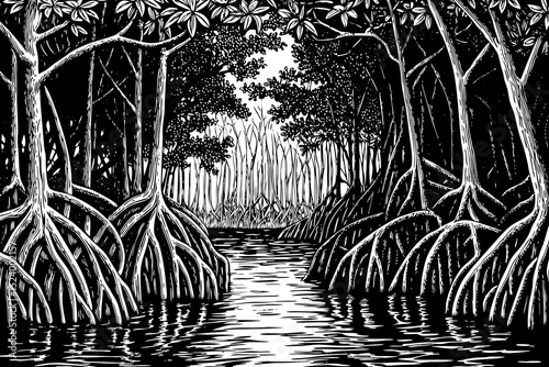 Black and white sketch vector of a dense mangrove forest with tangled roots and shallow waters
