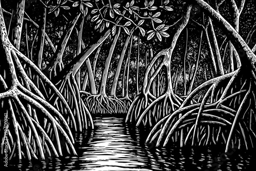 Black and white sketch vector of a dense mangrove forest with tangled roots and shallow waters