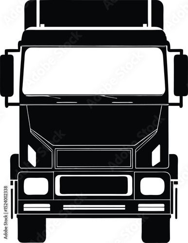 This silhouette features a semi-truck front rendered in solid black and centered on a pure white background offering a clean isolated and highly versatile subject ideal for stock illustration