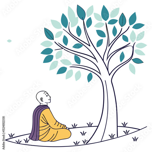 Mindful Monk Under Bodhi Tree Serene Meditation