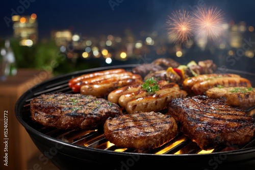 Delicious grilled meats and sausages at night