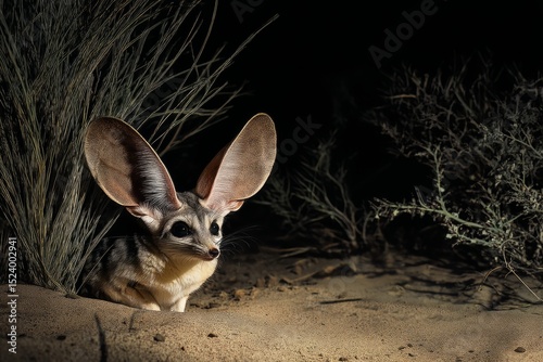 A wide-eyed fennec fox emerges cautiously from the desert sand under the cover of night, its oversized ears alert in the moonlight, capturing the essence of nocturnal desert survival