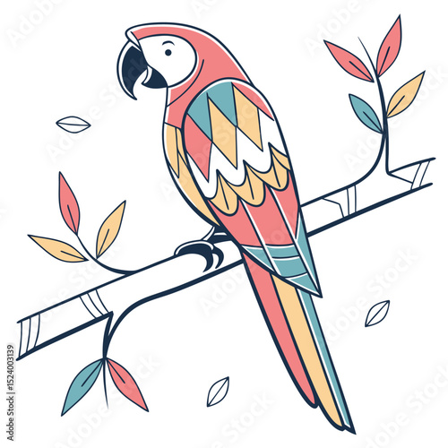 Colorful Parrot On Branch Tropical Bird Illustration