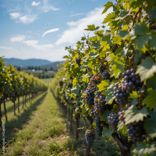 A scenic winemaking vineyard at harvest time, Grapevines laden with ripe clusters, Documentary photography style