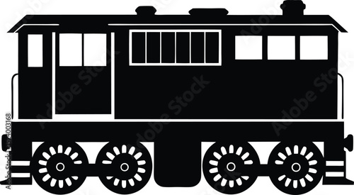 This silhouette features a train engine side rendered in solid black and centered on a pure white background offering a clean isolated and highly versatile subject ideal for stock illustration