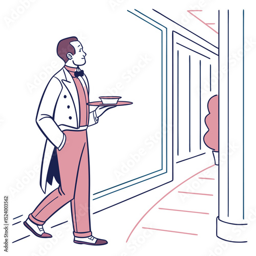 Vintage Waiter Serving Classic Restaurant Illustration
