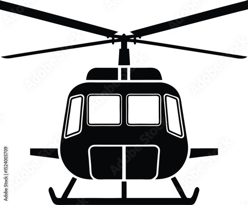 This silhouette features a helicopter in flight rendered in solid black and centered on a pure white background offering a clean isolated and highly versatile subject ideal for stock illustration