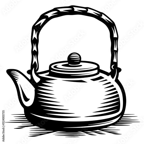 Black and white illustration of a tea kettle