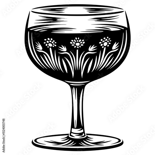 Black and white wine glass with floral design