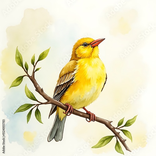 Yellow Bird Perched on Branch Watercolor Style Nature Illustration Art