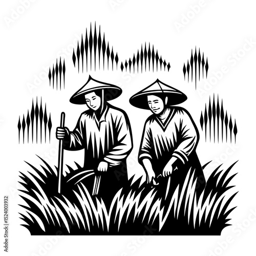 Asian farmers harvesting rice in paddy field