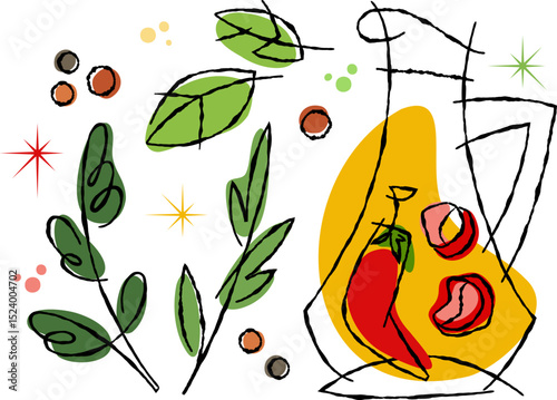 Live line art of a chili pepper, seasonings, and herbs with the bottle of veggie oil on a transparent background in a 50s retro style illustration. Palette of bright reds, greens, yellows tones