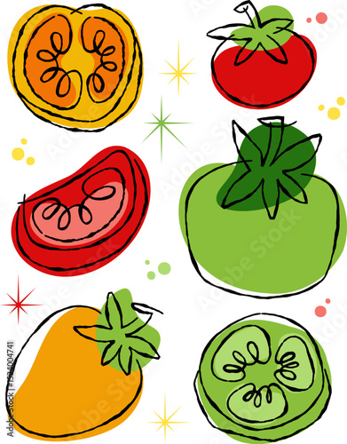 Colorful tomato vegetable illustration with retro style black outline doodle style. Food drawing on transparent background for healthy eating concept. Palette features bright oranges, reds, greens