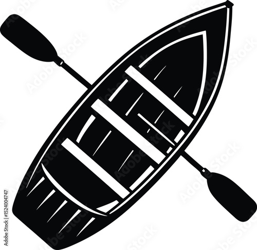 This silhouette features a canoe with paddles rendered in solid black and centered on a pure white background offering a clean isolated and highly versatile subject ideal for stock illustration 