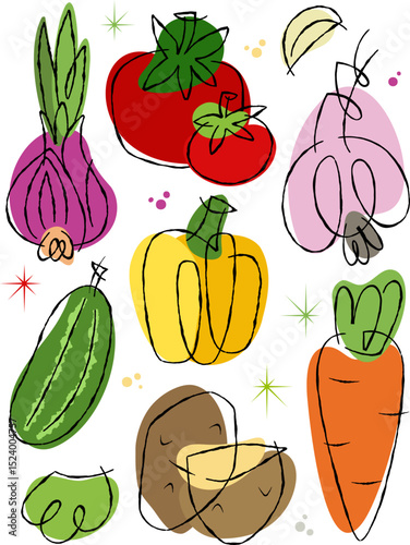 Fresh vegetable collection in abstract line art doodle style on transparent background. Healthy food mix for organic lifestyle.