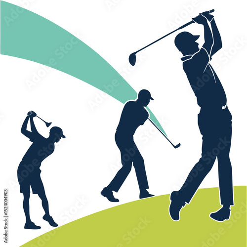 Silhouette golf players swinging on green