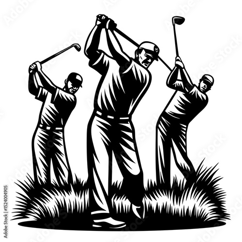Three golfers swinging on the course