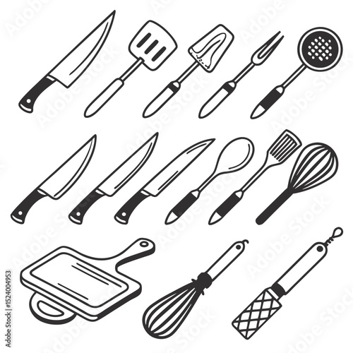 Hand drawn kitchen utensils and knives collection