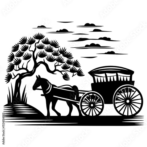 Horse drawn carriage under a pine tree