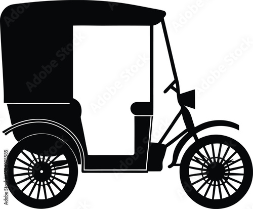 This silhouette features a rickshaw side view rendered in solid black and centered on a pure white background offering a clean isolated and highly versatile subject ideal for stock illustration 