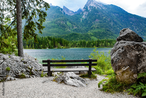 Bench at Lake Hintersee, Ramsau, Berchtesgaden, Bavaria, Germany, Europe.