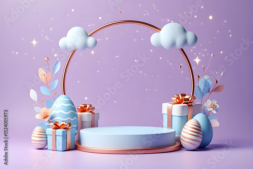 Pastel Easter Display with Gifts and Eggs on Podium