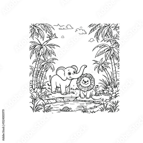 Jungle Wildlife Scene – Elephant, Lion, Turtle & Flying Bird in Lush Palm Tree Habitat with Pond in Detailed Black and White Vector
