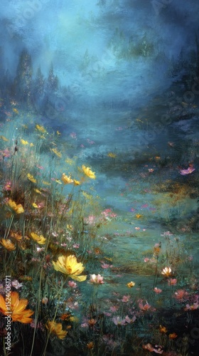 Serene landscape featuring vibrant flowers amidst a foggy atmosphere.
