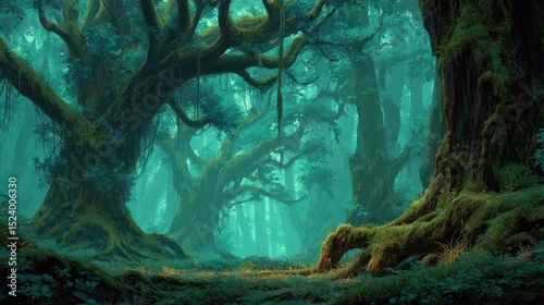 Mysterious forest with towering trees and dense green foliage.