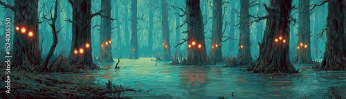Mysterious swamp forest illuminated by glowing orbs at night.