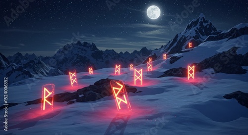 Rune illuminated nightscape Mountains under moonlight glowing symbols stand tall