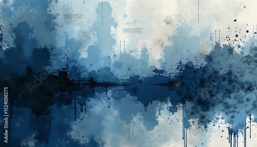 Abstract Blue Ink Painting Reflecting Urban Skyline Artistically Created