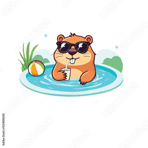 Relaxing Beaver in Pool – Cute Cartoon Animal Enjoying a Drink & Beach Ball in Summer Fun Vector Art