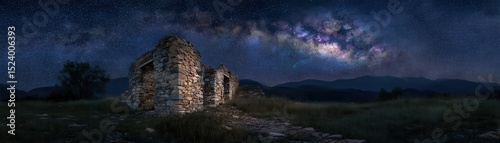 Old ruins under a dramatic night sky filled with stars.