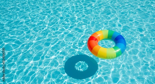 Rainbow swim ring floating in tropical pool