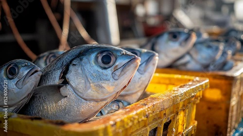 Freshly caught fish in yellow crates on a fishing boat prepared for market sales