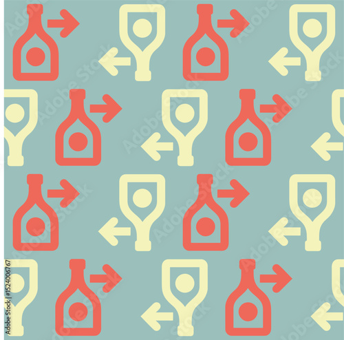 Pattern of red bottles with right arrows and yellow glasses with left arrows on a light blue background