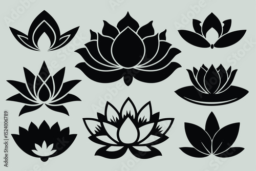 Collection of Black Lotus Flower Designs on a Light Gray Background