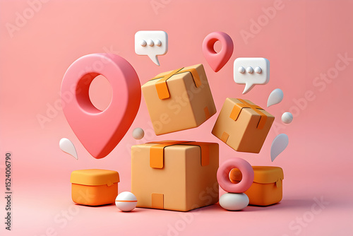 Online Delivery Service Concept with 3D Packages and Location Pins