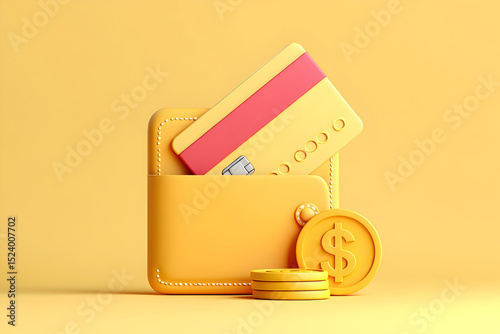 Yellow Wallet with Credit Card and Coins Digital Illustration