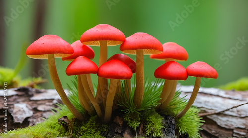 Sarcoscypha austriaca - saprobic fungus in the Sarcoscyphaceae family in the Pezizales order of Ascomycota. Also known as scarlet elfcup. Mushrooms in forest in Russia. Russian nature. Spring plants photo