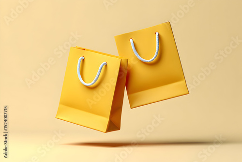 Two Yellow Shopping Bags Floating on Beige Background