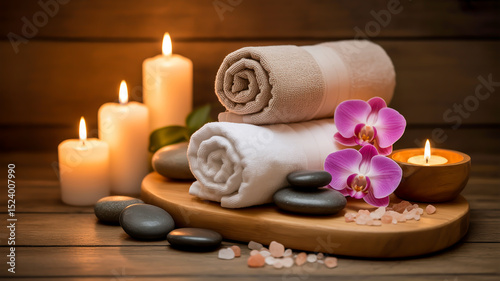 A spa-themed still life photograph with a warm, moody lighting against a dark wooden background.