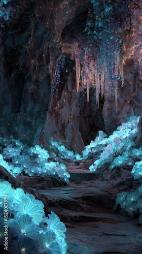 A mystical cave adorned with glowing flowers and stalactites.